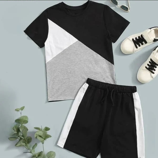 BLACK PANEL T-SHIRT SHORTS SET