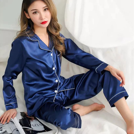 Silk Night Suit Turn Down Collar Long Sleeves