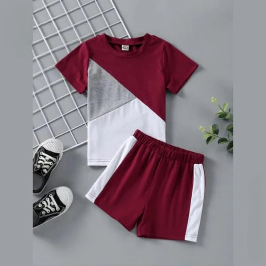 MAROON PANEL T-SHIRT SHORTS SET