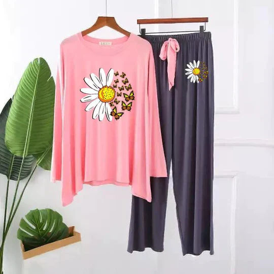 PINK DAISY FLOWER PRINTED LOUNGEWEAR