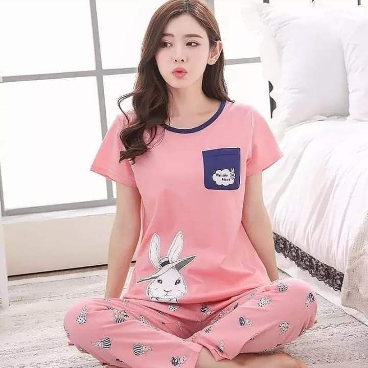 Pink Rabbit Print PJ Set Sleep Wear