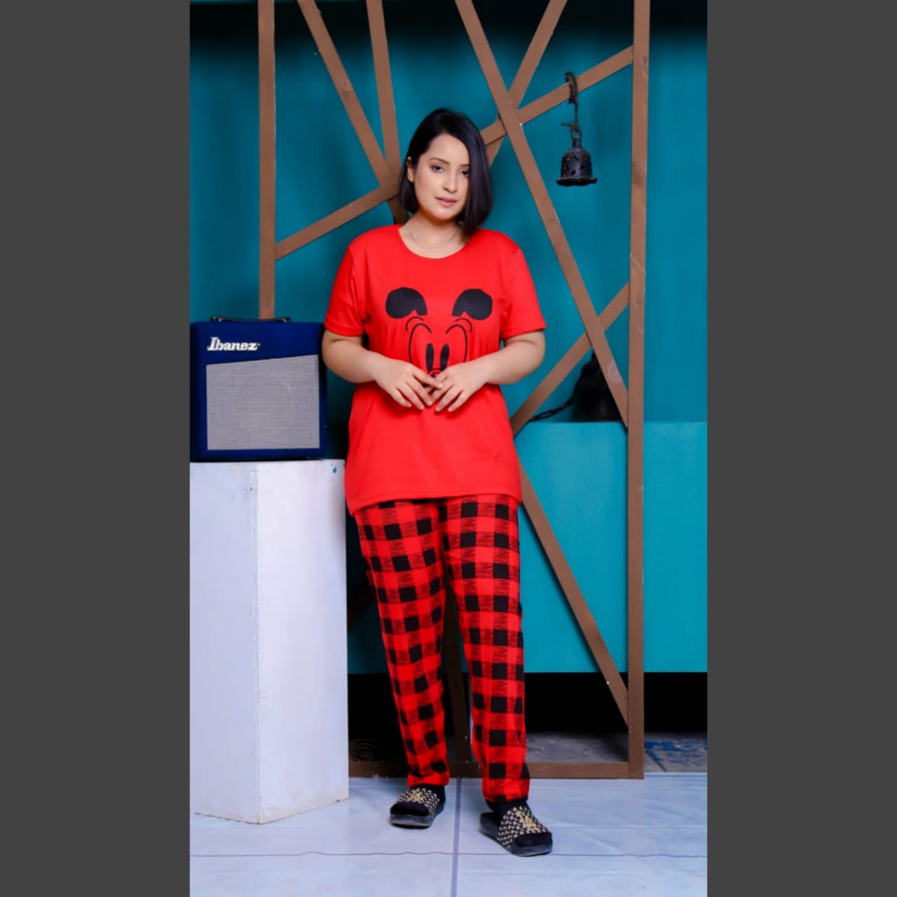 NEW RED MICKEY EYE PRINTED WOMEN PJ SET SLEEP WEAR