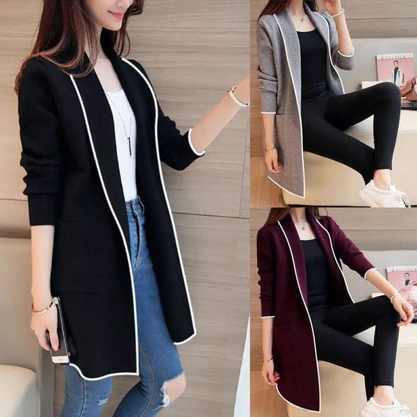 Maroon Front Open Long Coat Dual Pockets Jacket