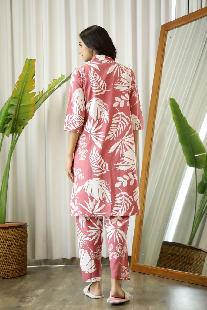 WINE COTTON PRINTED 3 PEICE NIGHT SUIT SET WITH PYJAMA