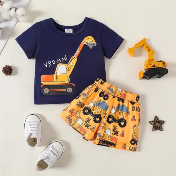 EXCAVATOR PRINT SHORT-SLEEVE TEE & SHORTS SET