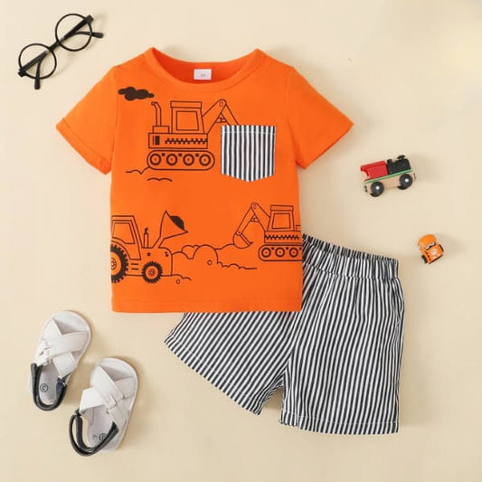 ORANGE WHITE & BLACK POCKET SHORT SET