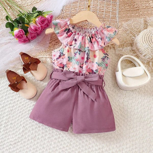 FLOWERS PRINTED RUFFLE TOP & PURPLE SHORT