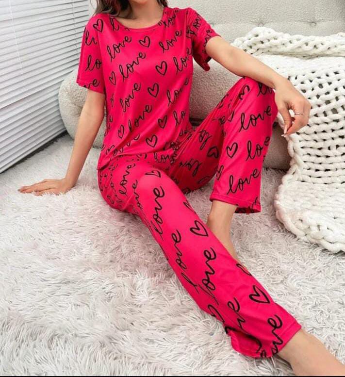 New Pink Love Hearts Love Printed Pajama Set