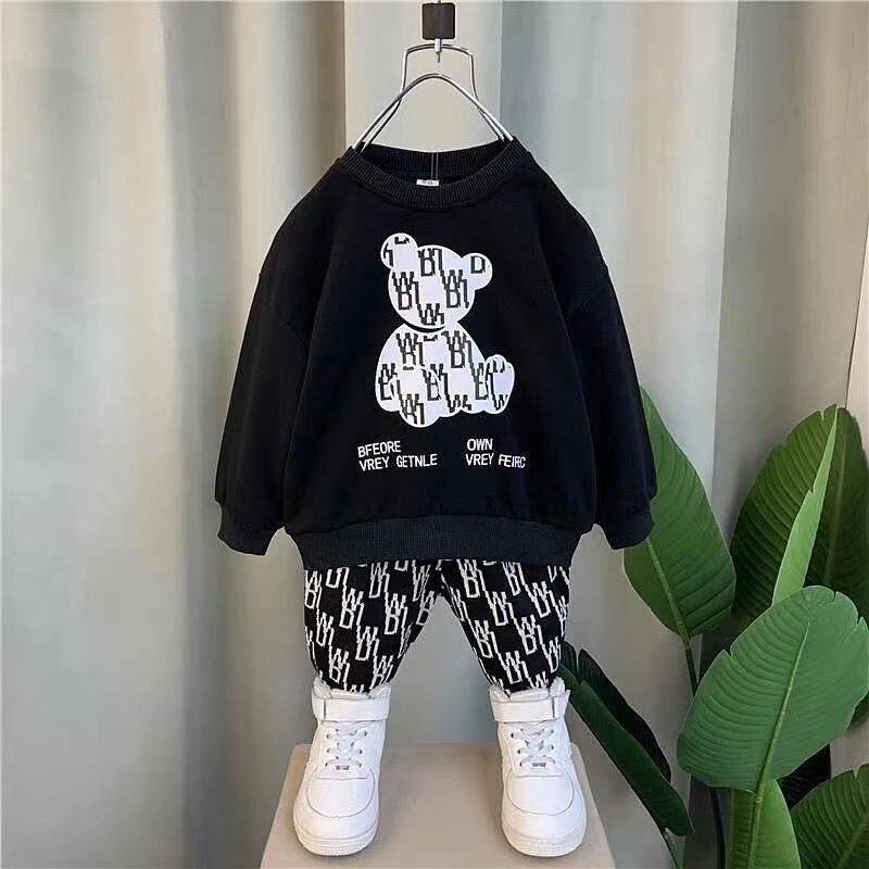 Black & White Teddy Bear Printed Kids Winter Tracksuit