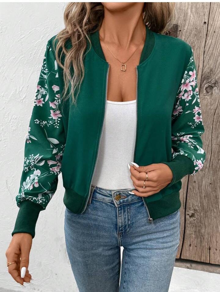 Women Flower Printed Zipper Jacket