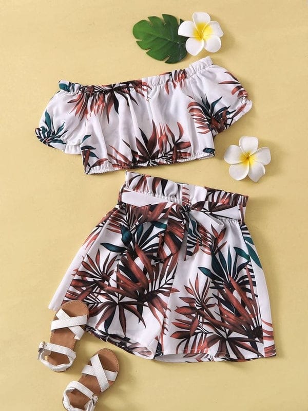 OFF SHOULDER TRIM TROPICAL PRINT TOP & PAPERBAG WAIST SHORT SET