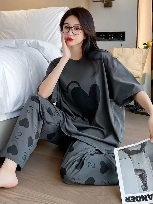 Dark Grey & Black Heart Printed Pajama Set