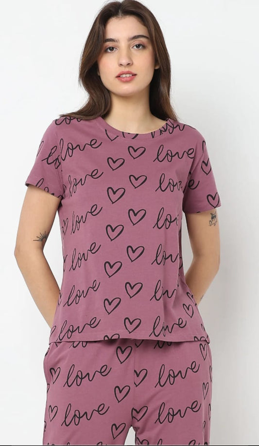 New Purple Love Hearts Printed Pajama Set