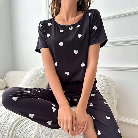 Black & White Hearts Printed Pajama Set