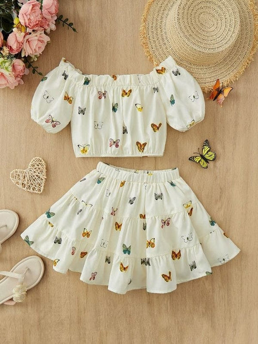 WHITE BUTTERFLY PRINT OFF SHOULDER TOP & RUFFLE HEM SKIRT