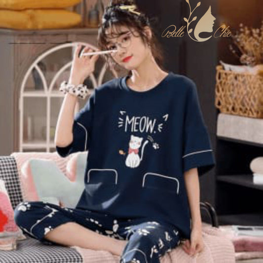 MEOW PRINTED PJ SUIT NAVY BLUE