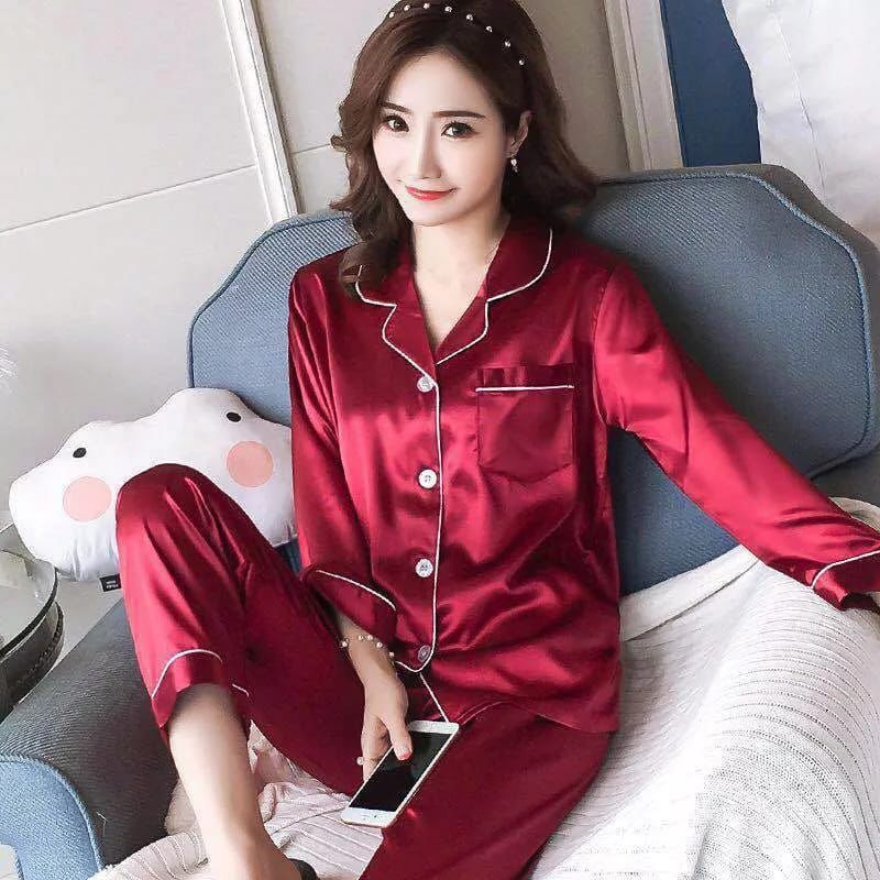 Silk Night Suit Turn Down Collar Long Sleeves