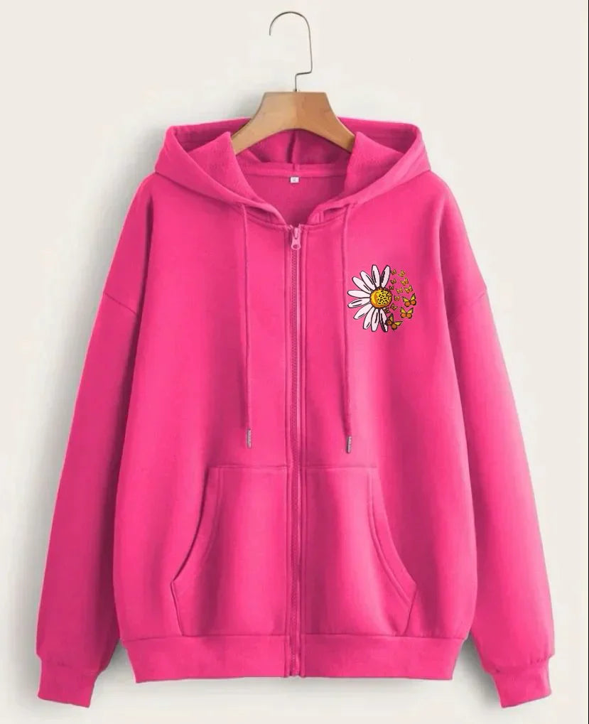 Style Heaven Daisy Flower Printed Zipper Hoodie For Women