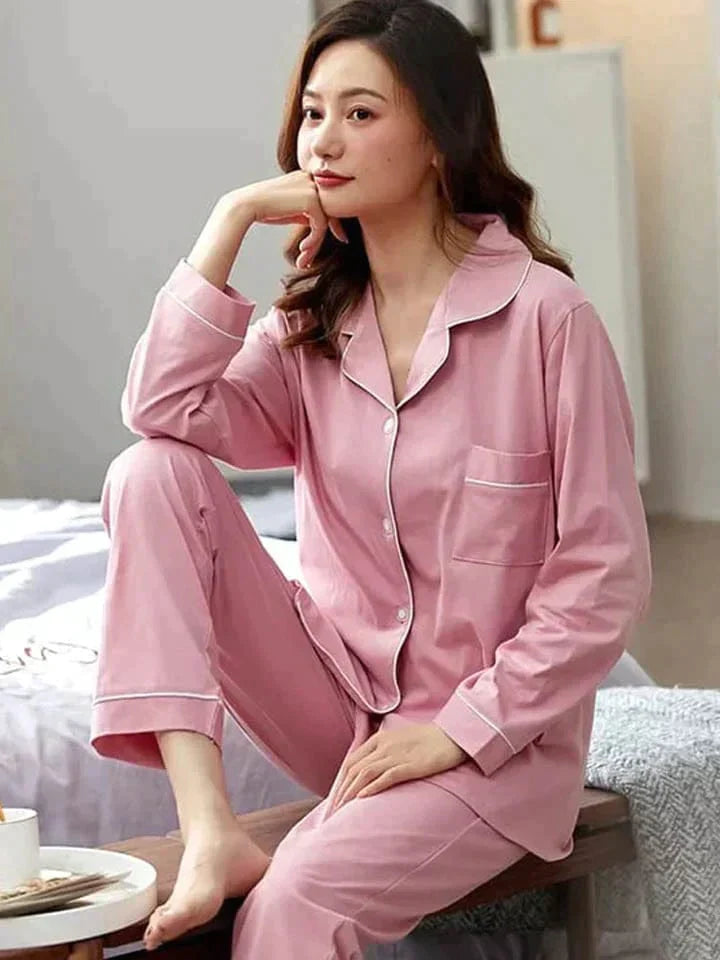 Silk Night Suit Turn Down Collar Long Sleeves